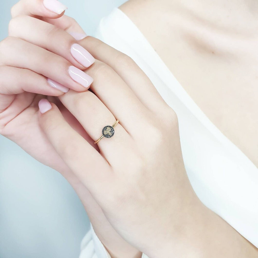 Black Diamond Ring With Zodiac Sign